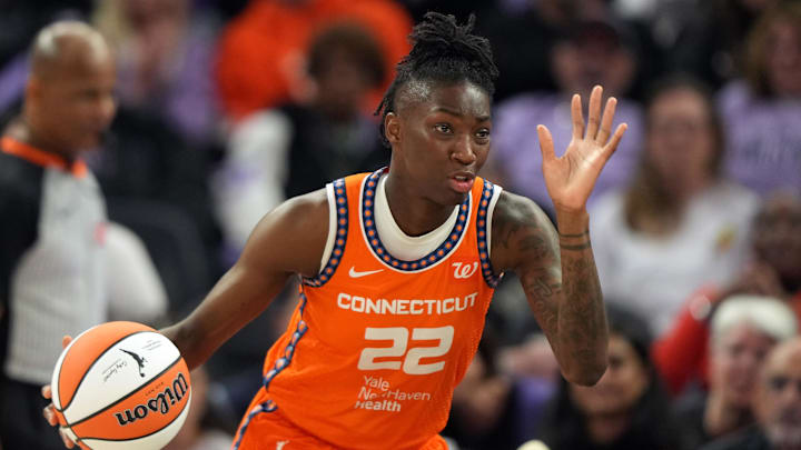 Jun 22, 2025; San Francisco, California, USA; Connecticut Sun guard Saniya Rivers (22) dribbles against the Golden State Valkyries during the third quarter at Chase Center. Mandatory Credit: Darren Yamashita-Imagn Images Jun 22, 2025; San Francisco, California, USA; Connecticut Sun guard Saniya Rivers (22) dribbles against the Golden State Valkyries during the third quarter at Chase Center. Mandatory Credit: Darren Yamashita-Imagn Images