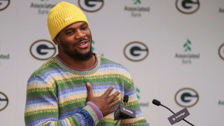 Green Bay Packers edge rusher Micah Parsons speaks during an introductory press conference.