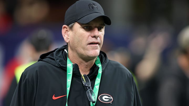 Dec 2, 2023; Atlanta, GA, USA; Georgia Bulldogs offensive coordinator Mike Bobo before the SEC Championship game against the Alabama Crimson Tide at Mercedes-Benz Stadium. Mandatory Credit: Brett Davis-Imagn Images