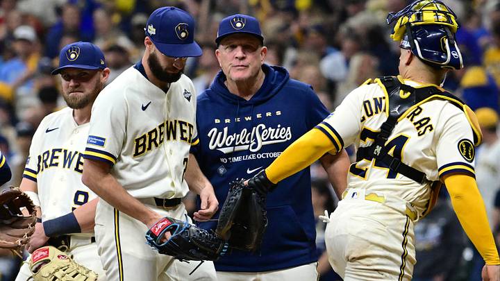 Oct 24, 2026; Milwaukee, Wisconsin, USA; Milwaukee Brewers catcher William Contreras (24) and manager Pat Murphy (00) acknowledge pitcher Aaron Ashby (26) during an eighth inning pitching change against the Tampa Bay Rays in game two of the 2026 World Series at American Family Field. Mandatory Credit: Benny Sieu-Imagn Images Oct 24, 2026; Milwaukee, Wisconsin, USA; Milwaukee Brewers catcher William Contreras (24) and manager Pat Murphy (00) acknowledge pitcher Aaron Ashby (26) during an eighth inning pitching change against the Tampa Bay Rays in game two of the 2026 World Series at American Family Field. Mandatory Credit: Benny Sieu-Imagn Images