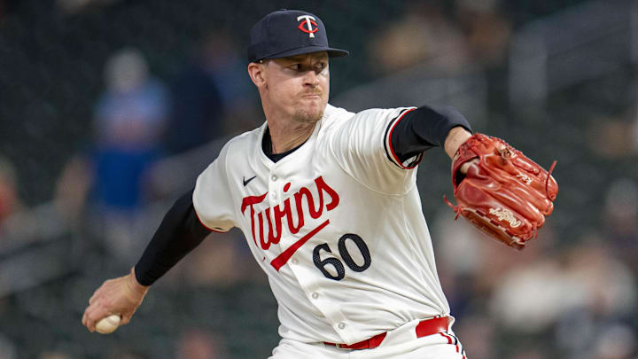 Sep 9, 2024; Minneapolis, Minnesota, USA; Minnesota Twins pitcher Scott Blewett (60) delivers a pitch against the Los Angeles Angels in the ninth inning at Target Field.