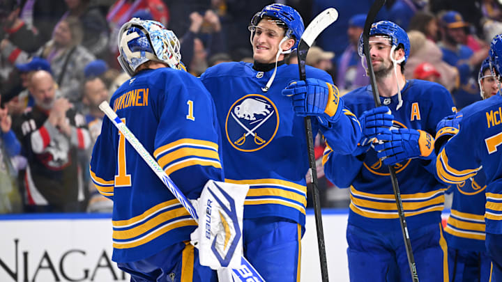 Buffalo Sabres players Ukko-Pekka Luukkonen, Tage Thompson and Mattias Samuelsson Buffalo Sabres players Ukko-Pekka Luukkonen, Tage Thompson and Mattias Samuelsson