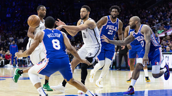 Jan 25, 2023; Philadelphia, Pennsylvania, USA; Brooklyn Nets guard Ben Simmons (10) passes the ball against the Philadelphia 76ers during the second quarter at Wells Fargo Center. Mandatory Credit: Bill Streicher-Imagn Images