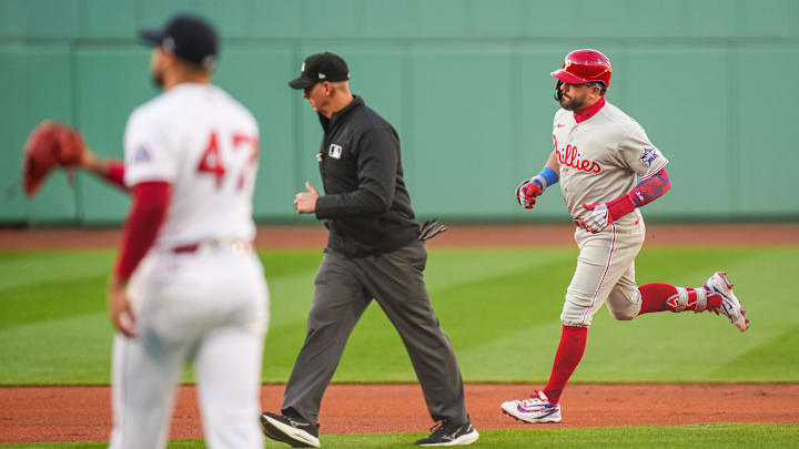 May 12, 2026; Boston, Massachusetts, USA; Philadelphia Phillies designated hitter Kyle Schwarber (12) hits a home run against Boston Red Sox pitcher Jovani Morán (47) in the first inning at Fenway Park. Mandatory Credit: David Butler II-Imagn Images May 12, 2026; Boston, Massachusetts, USA; Philadelphia Phillies designated hitter Kyle Schwarber (12) hits a home run against Boston Red Sox pitcher Jovani Morán (47) in the first inning at Fenway Park. Mandatory Credit: David Butler II-Imagn Images
