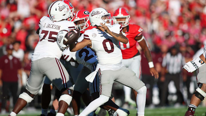 Oct 12, 2024; Athens, Georgia, USA; Mississippi State Bulldogs quarterback Michael Van Buren Jr. (0) throws a pass against the Georgia Bulldogs in the second quarter at Sanford Stadium. Mandatory Credit: Brett Davis-Imagn Images