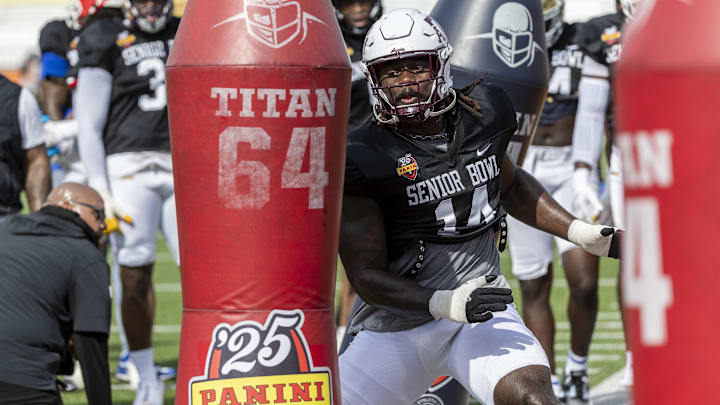 Jan 29, 2025; Mobile, AL, USA; American team defensive lineman Shemar Stewart of Texas A&M (14) works in drills during Senior Bowl practice for the National team at Hancock Whitney Stadium. Mandatory Credit: Vasha Hunt-Imagn Images