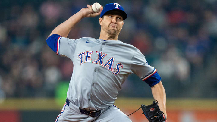 Sep 13, 2024; Seattle, Washington, USA;  Texas Rangers starter Jacob deGrom (48) delivers a pitch during the first inning against the Seattle Mariners at T-Mobile Park