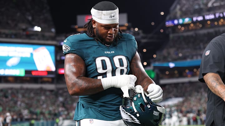 Sep 4, 2025; Philadelphia, Pennsylvania, USA; Philadelphia Eagles defensive tackle Jalen Carter (98) walks off the field after being ejected during the first quarter of the game against the Dallas Cowboys at Lincoln Financial Field. Mandatory Credit: Bill Streicher-Imagn Images