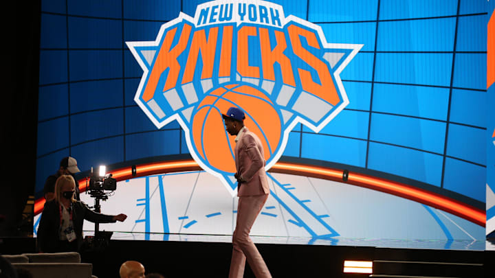 Jul 29, 2021; Brooklyn, New York, USA; Kai Jones (Texas) walks off the stage after being selected as the number nineteen overall pick by the New York Knicks in the first round of the 2021 NBA Draft at Barclays Center. Mandatory Credit: Brad Penner-USA TODAY Sports