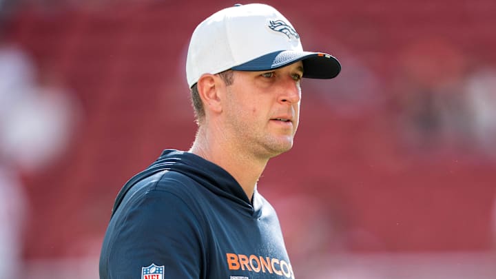 August 9, 2025; Santa Clara, California, USA; Denver Broncos offensive quality control coach Logan Kilgore before the game against the San Francisco 49ers at Levi's Stadium.