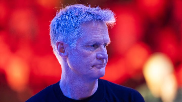 Apr 17, 2026; Phoenix, Arizona, USA; Golden State Warriors head coach Steve Kerr against the Phoenix Suns during the play-in rounds of the 2026 NBA Playoffs at Mortgage Matchup Center. Mandatory Credit: Mark J. Rebilas-Imagn Images