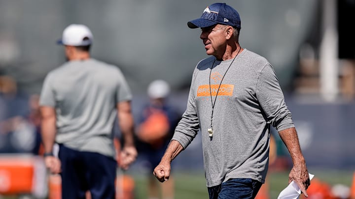 Jul 23, 2025; Englewood, CO, USA; Denver Broncos head coach Sean Payton during Denver Broncos Training Camp. Mandatory Credit: Isaiah J. Downing-Imagn Images