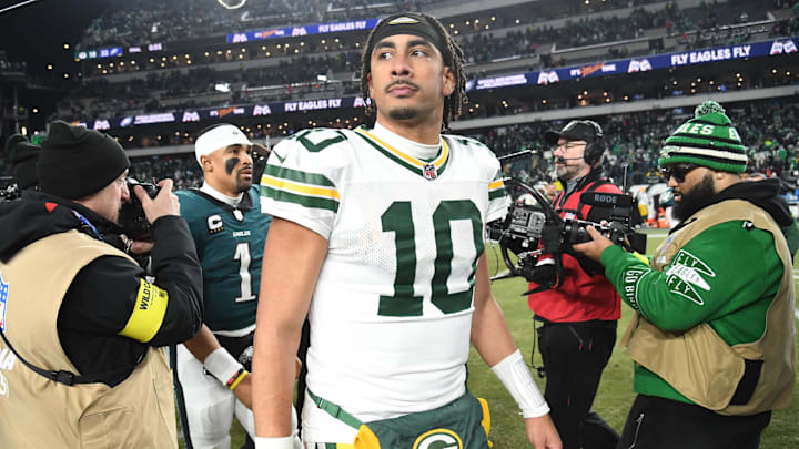 Jan 12, 2025; Philadelphia, Pennsylvania, USA; Green Bay Packers quarterback Jordan Love (10) reacts after the game against the Philadelphia Eagles in an NFC wild card game at Lincoln Financial Field. Mandatory Credit: Eric Hartline-Imagn Images