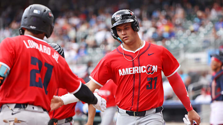 Jul 12, 2025; Atlanta, GA, USA;  American League catcher Josue Briceno (34) of the Detroit Tigers c celebrates after scoring a run during the fourth inning against National League at Truist Park. Mandatory Credit: Brett Davis-Imagn Images