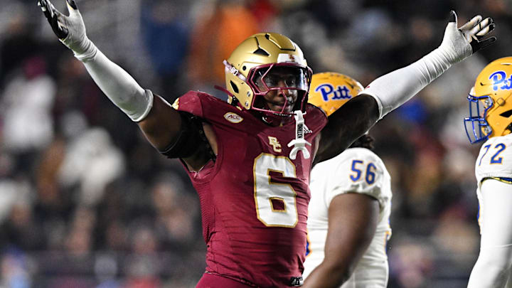 Nov 30, 2024; Chestnut Hill, Massachusetts, USA; Boston College Eagles defensive end Donovan Ezeiruaku (6) reacts after a sack against the Pittsburgh Panthers during the second half at Alumni Stadium. Mandatory Credit: Brian Fluharty-Imagn Images