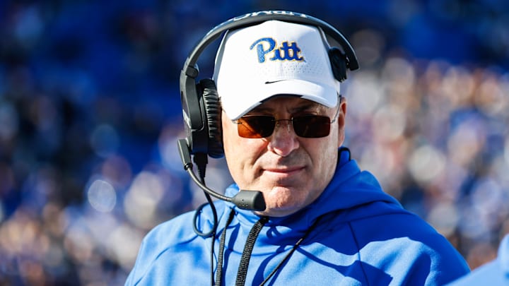 Nov 25, 2023; Durham, North Carolina, USA; Pittsburgh Panthers head coach Pat Narduzzi looks on Nov 25, 2023; Durham, North Carolina, USA; Pittsburgh Panthers head coach Pat Narduzzi looks on