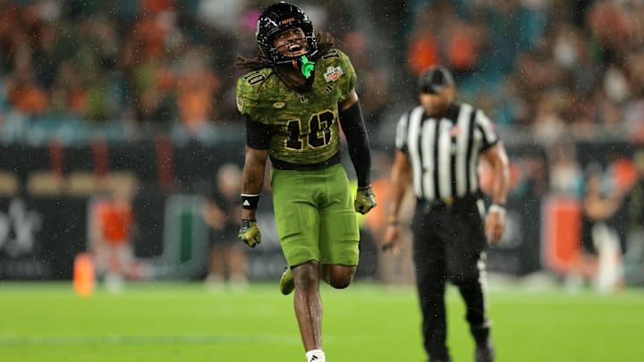 Miami Hurricanes wide receiver Malachi Toney (10) reacts against the Stanford Cardinal during the third quarter at Hard Rock Stadium. Miami Hurricanes wide receiver Malachi Toney (10) reacts against the Stanford Cardinal during the third quarter at Hard Rock Stadium.