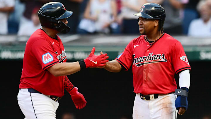 Jun 19, 2024; Cleveland, Ohio, USA; Cleveland Guardians first baseman Josh Naylor (22) celebrates with third baseman Jose Ramirez (11) after hitting a home run during the fifth inning against the Seattle Mariners at Progressive Field. Mandatory Credit: Ken Blaze-Imagn Images