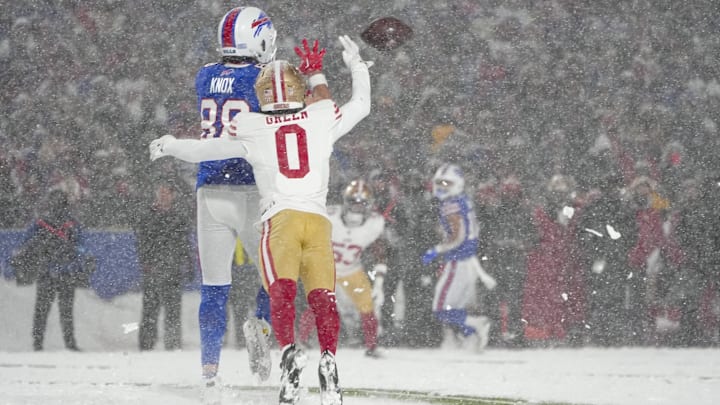 Dec 1, 2024; Orchard Park, New York, USA; Buffalo Bills tight end Dawson Knox (88) makes a catch against San Francisco 49ers cornerback Renardo Green (0) during the second half at Highmark Stadium. Mandatory Credit: Gregory Fisher-Imagn Images Dec 1, 2024; Orchard Park, New York, USA; Buffalo Bills tight end Dawson Knox (88) makes a catch against San Francisco 49ers cornerback Renardo Green (0) during the second half at Highmark Stadium. Mandatory Credit: Gregory Fisher-Imagn Images