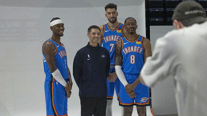 Sep 29, 2025; Oklahoma City, OK, USA; Oklahoma City Thunder guard Shai Gilgeous-Alexander (2), head coach Mark Daigneault, forward Chet Holmgren (7) and forward Jalen Williams (8) poses for a photo during the 2025 Oklahoma City Thunder media day at Paycom Center. Mandatory Credit: Alonzo Adams-Imagn Images