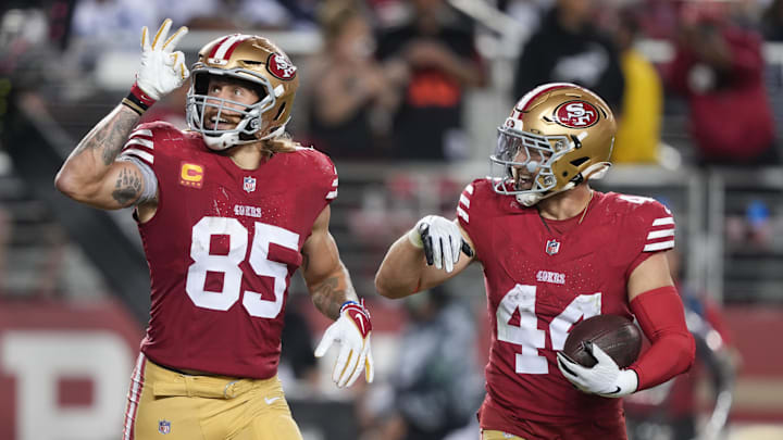 San Francisco 49ers tight end George Kittle and fullback Kyle Juszczyk on Oct 8, 2023.