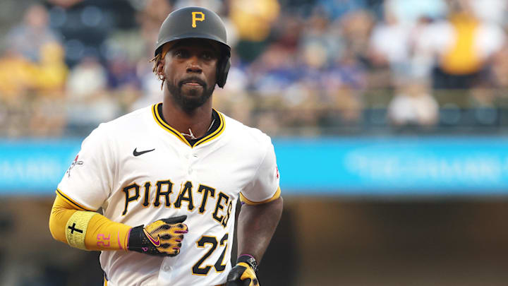 Sep 3, 2025; Pittsburgh, Pennsylvania, USA;  Pittsburgh Pirates designated hitter Andrew McCutchen (22) circles the bases on a solo home run against the Los Angeles Dodgers during the second inning at PNC Park. Mandatory Credit: Charles LeClaire-Imagn Images