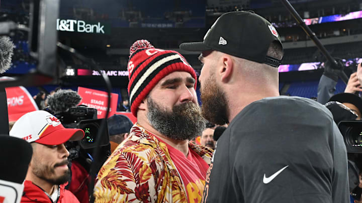 Chiefs tight end Travis Kelce celebrates with brotherJason after the 2024 AFC championship game. 