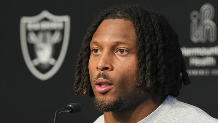 Las Vegas Raiders wide receiver Tre Tucker speaks during a news conference during organized team activities.