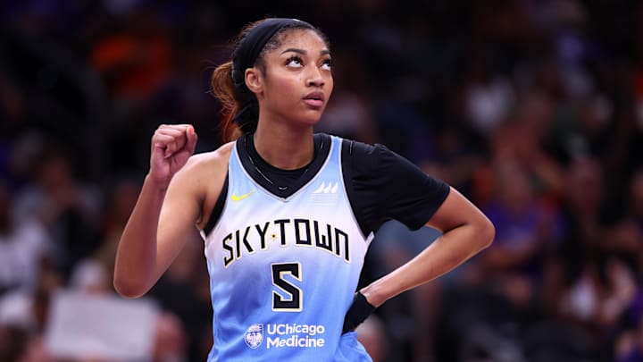 Aug 28, 2025; Phoenix, Arizona, USA; Chicago Sky forward Angel Reese (5) reacts against the Phoenix Mercury at Phx Arena. Mandatory Credit: Mark J. Rebilas-Imagn Images