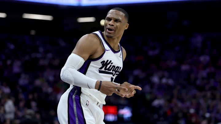 Jan 1, 2026; Sacramento, California, USA; Sacramento Kings guard Russel Westbrook (18) reacts towards the Boston Celtics bench after making a basket during the third quarter at Golden 1 Center. Mandatory Credit: Dennis Lee-Imagn Images