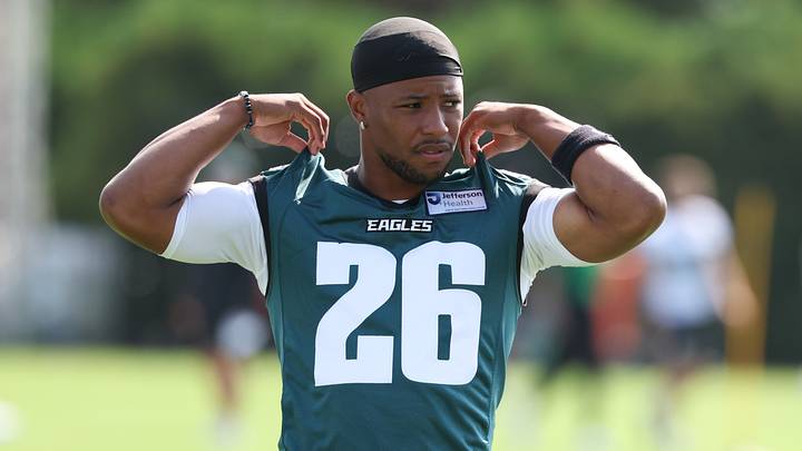 Jul 29, 2026; Philadelphia, PA, USA; Philadelphia Eagles running back Saquon Barkley (26) during training camp at Jefferson Health Training Complex.