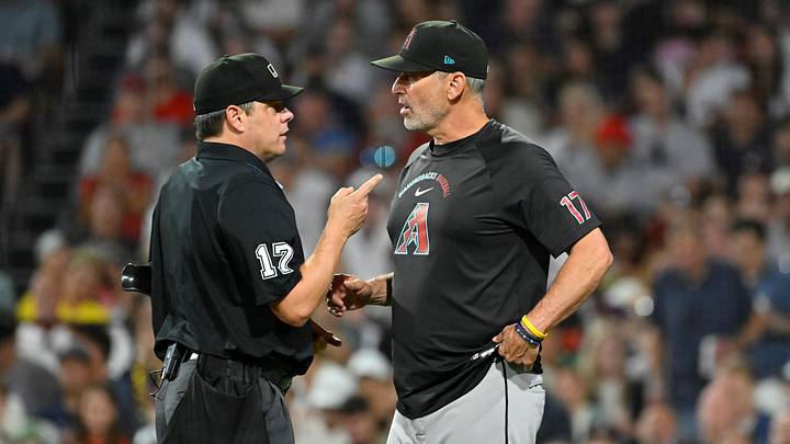 August 18, 2026; Boston, Massachusetts, USA; Arizona Diamondbacks manager Torey Lovullo (17) speaks to home plate umpire D.J. Reyburn (17) during the fourth inning
at Fenway Park. Mandatory Credit: Eric Canha-Imagn Images August 18, 2026; Boston, Massachusetts, USA; Arizona Diamondbacks manager Torey Lovullo (17) speaks to home plate umpire D.J. Reyburn (17) during the fourth inning
at Fenway Park. Mandatory Credit: Eric Canha-Imagn Images