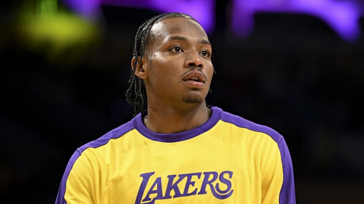 Oct 25, 2024; Los Angeles, California, USA; Los Angeles Lakers guard Quincy Olivari (41) before the game against the Phoenix Suns at Crypto.com Arena. Oct 25, 2024; Los Angeles, California, USA; Los Angeles Lakers guard Quincy Olivari (41) before the game against the Phoenix Suns at Crypto.com Arena.