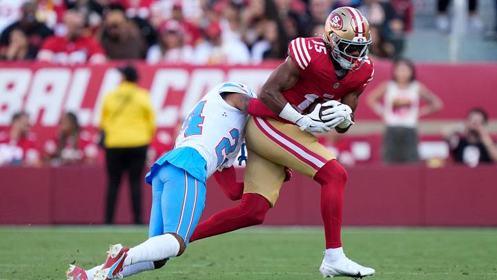 August 13, 2026; Santa Clara, California, USA; San Francisco 49ers wide receiver De'zhaun Stribling (15) is tackled by Tennessee Titans cornerback Alontae Taylor (24) during the first quarter at Levi's Stadium. Mandatory Credit: Kyle Terada-Imagn Images August 13, 2026; Santa Clara, California, USA; San Francisco 49ers wide receiver De'zhaun Stribling (15) is tackled by Tennessee Titans cornerback Alontae Taylor (24) during the first quarter at Levi's Stadium. Mandatory Credit: Kyle Terada-Imagn Images