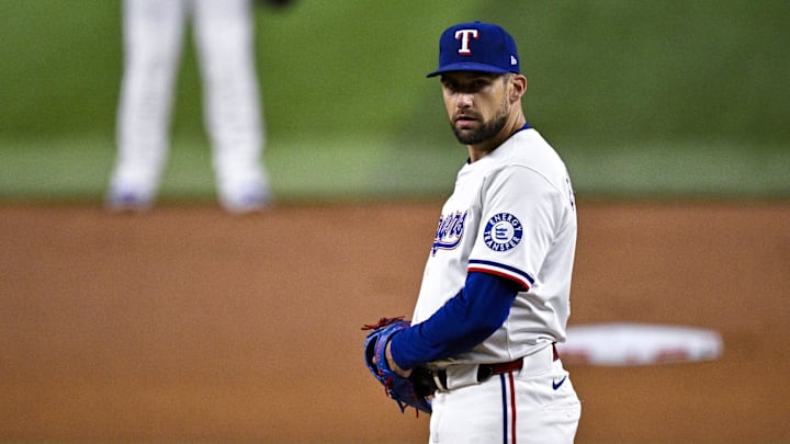 Texas Rangers pitcher Nathan Eovaldi throws out of the stretch.