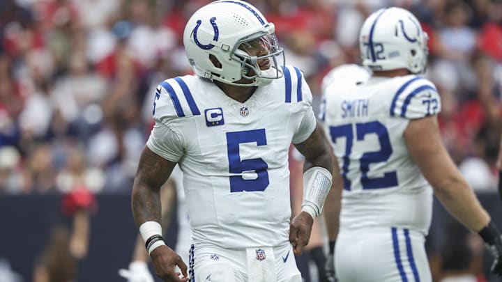 Oct 27, 2024; Houston, Texas, USA; Indianapolis Colts quarterback Anthony Richardson (5) walks off the field after a play during the second quarter against the Houston Texans at NRG Stadium. Mandatory Credit: Troy Taormina-Imagn Images