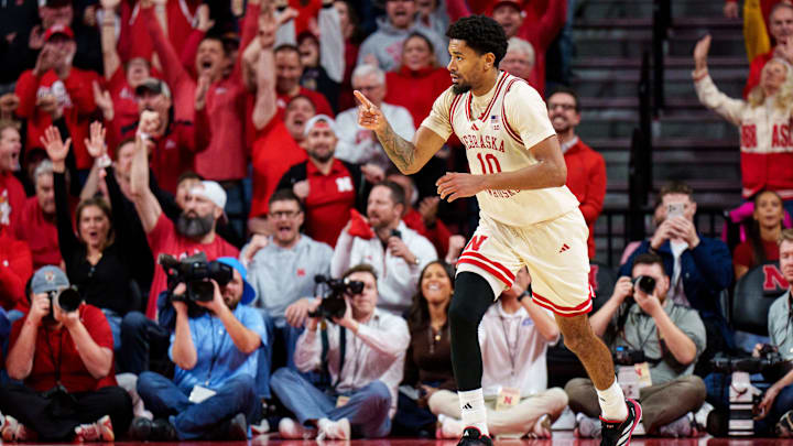 Feb 10, 2026; Lincoln, Nebraska, USA; Nebraska Cornhuskers guard Jamarques Lawrence (10) celebrates after a three-point shot against the Purdue Boilermakers during the second half at Pinnacle Bank Arena. Mandatory Credit: Dylan Widger-Imagn Images