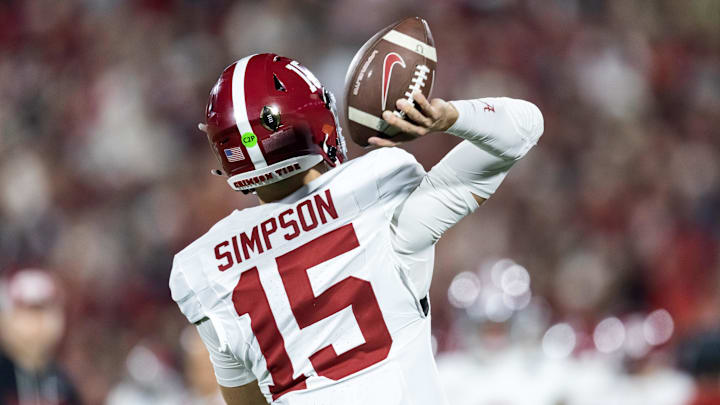 Dec 19, 2025; Norman, OK, USA; Detailed view of the jersey of Alabama Crimson Tide quarterback Ty Simpson (15) against the Oklahoma Sooners during the CFP National Playoff First Round at Gaylord Family Oklahoma Memorial Stadium. Mandatory Credit: Mark J. Rebilas-Imagn Images