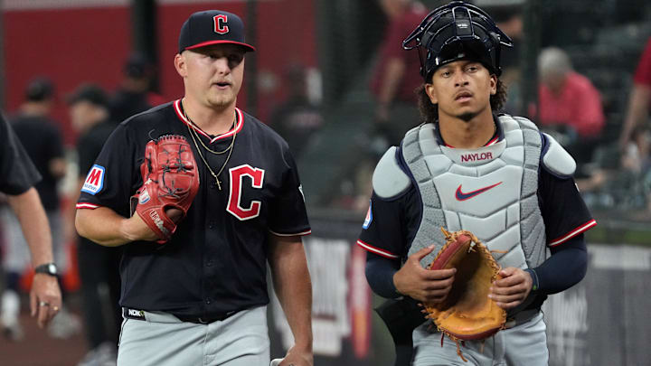 Aug 20, 2025: Cleveland Guardians pitcher Parker Messick (77) and catcher Bo Naylor (23) walk to the dugout before a game against the Arizona Diamondbacks at Chase Field. Aug 20, 2025: Cleveland Guardians pitcher Parker Messick (77) and catcher Bo Naylor (23) walk to the dugout before a game against the Arizona Diamondbacks at Chase Field.
