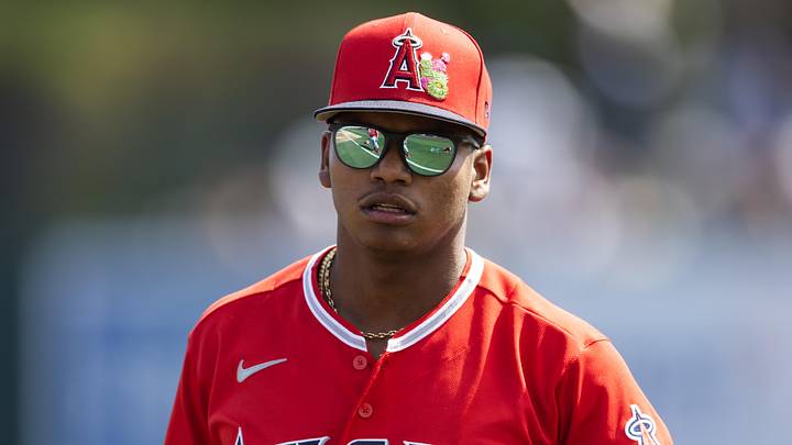 Mar 1, 2026; Phoenix, Arizona, USA; Los Angeles Angels outfielder Nelson Rada against the Los Angeles Dodgers during a spring training game at Camelback Ranch-Glendale. Mandatory Credit: Mark J. Rebilas-Imagn Images