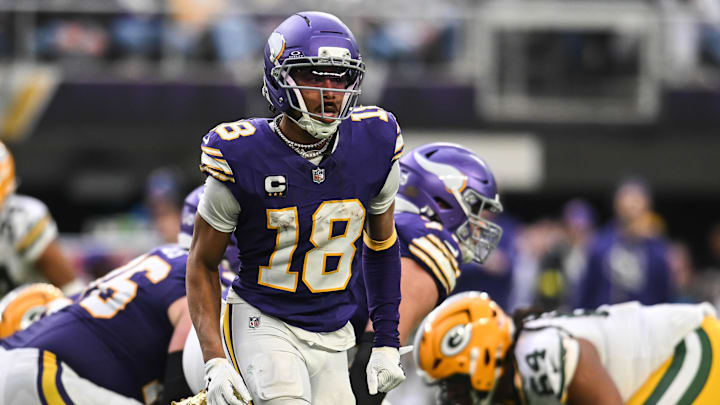 Jan 4, 2026; Minneapolis, Minnesota, USA; Minnesota Vikings wide receiver Justin Jefferson (18) in action during the game against the Green Bay Packers at U.S. Bank Stadium. Mandatory Credit: Jeffrey Becker-Imagn Images