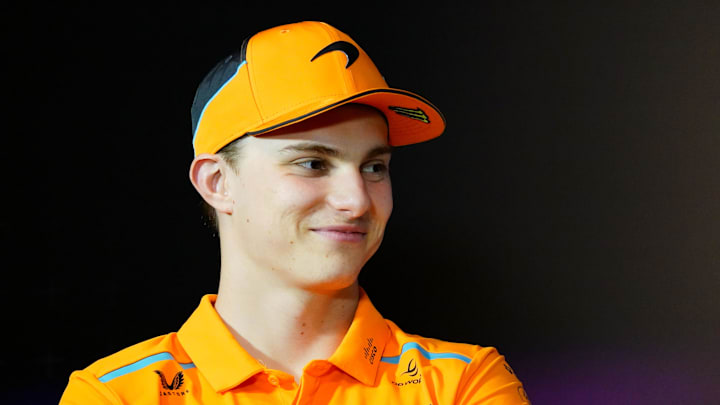 May 2, 2024; Miami Gardens, Florida, USA;  McLaren driver Oscar Piastri (81) during a press conference in advance of the Miami Grand Prix at the Miami International Autodrome. Mandatory Credit: John David Mercer-USA TODAY Sports