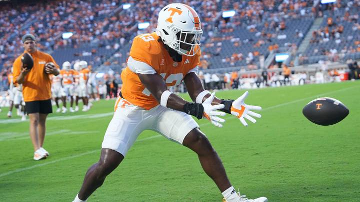 Tennessee linebacker Edwin Spillman (13) warming up before the start of a college football game against Kennesaw State on Sept. 19, 2026, in Knoxville, Tennessee.