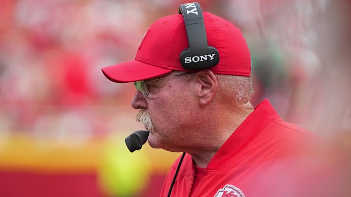 Sep 14, 2025; Kansas City, Missouri, USA; Kansas City Chiefs head coach Andy Reid on the sidelines against the Philadelphia Eagles during the game at GEHA Field at Arrowhead Stadium. Mandatory Credit: Denny Medley-Imagn Images