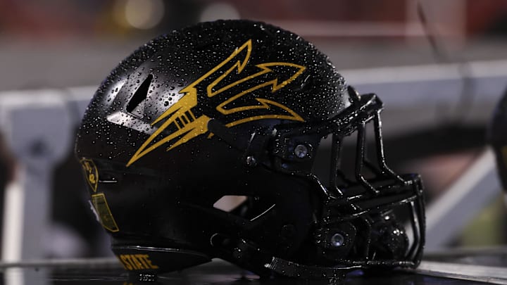 Oct 11, 2025; Salt Lake City, Utah, USA; A general view of the helmet worn by the Arizona State Sun Devils during the game against the Utah Utes at Rice-Eccles Stadium. Mandatory Credit: Rob Gray-Imagn Images