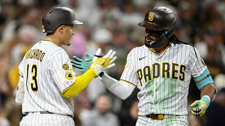 Sep 19, 2026; San Diego, California, USA; San Diego Padres second baseman Fernando Tatis Jr. (23) is congratulated by third baseman Manny Machado (13) after hitting a solo home run during the fourth inning against the Miami Marlins at Petco Park. Mandatory Credit: Denis Poroy-Imagn Images Sep 19, 2026; San Diego, California, USA; San Diego Padres second baseman Fernando Tatis Jr. (23) is congratulated by third baseman Manny Machado (13) after hitting a solo home run during the fourth inning against the Miami Marlins at Petco Park. Mandatory Credit: Denis Poroy-Imagn Images