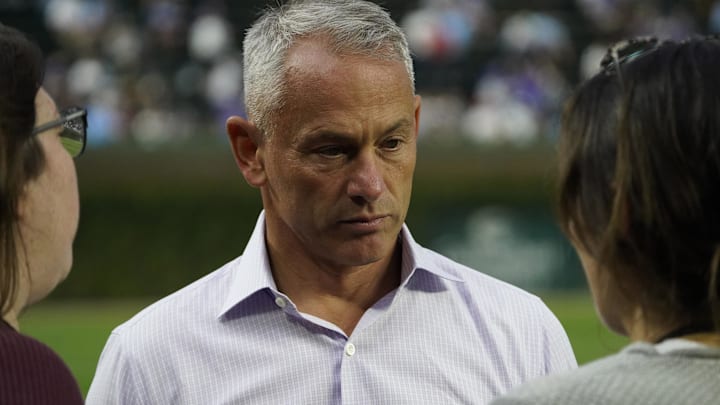 Sep 23, 2025; Chicago, Illinois, USA; Chicago Cubs president Jed Hoyer talks to the press before a game against the New York Mets at Wrigley Field. Mandatory Credit: David Banks-Imagn Images