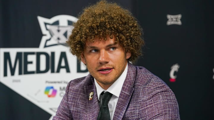 Jul 8, 2025; Frisco, TX, USA; Cincinnati tight end Joe Royer answers questions from the media during 2025 Big 12 Football Media Days at The Star. Mandatory Credit: Raymond Carlin III-Imagn Images