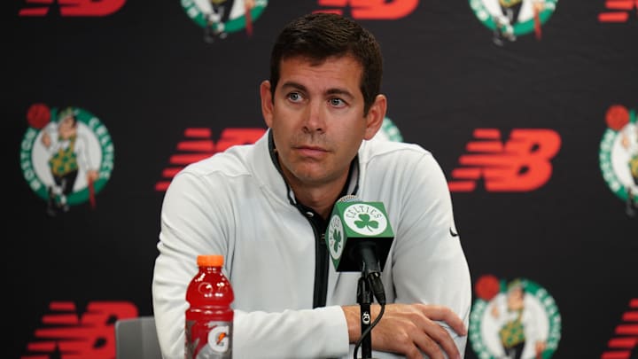 Oct 2, 2023; Boston, Celtics, USA; Boston Celtics president of basketball operations Brad Stevens talks during Boston Celtics Media Day. Mandatory Credit: David Butler II-Imagn Images