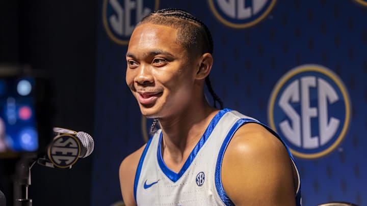 Oct 14, 2025; Birmingham, AL, USA; Kentucky Wildcats guard Jaland Lowe talks with the media during SEC Media Days at Grand Bohemian Hotel. Mandatory Credit: Vasha Hunt-Imagn Images
